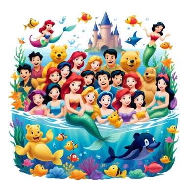 Icon for Animated Characters: A colorful, large-scale collage of beloved cartoon characters, including Goofy, Mickey Mouse, Winnie-the-Pooh, Ariel the Little Mermaid, Jasmine and others. Bright and vibrant, full of whimsical charm. Transparent background. sticker
