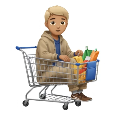 A man in oversized second-hand clothes, sitting beside a shopping cart of items, looking around with soft hopeful eyes.
 sticker