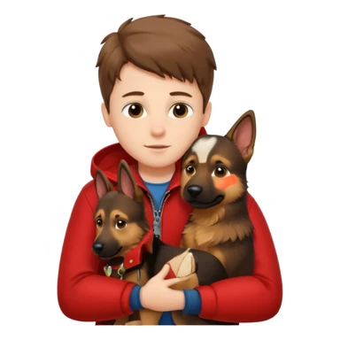 Garoto fofo de pele branca e cabelo castanho comprido usando uma jaqueta vermelha abraçando um cachorro pastor alemão  sticker