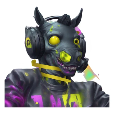 .Zombie_ Vaporwave black holographic oilslick zombie unicorn yellow caution tape holding a vinyl dj graffiti sticker