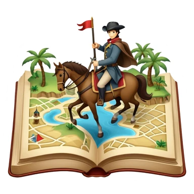 Icon for Reading Fiction: a large open book with pages turning into musketeers on horseback, Sherlock Holmes and Island of treasure map. The icon should evoke the adventure and romance of exploring fictional worlds. Transparent background. sticker