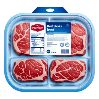 A vacuum-sealed plastic tray of frozen beef steaks, with visible frost and ice crystals on the meat surface. The label shows brand name, weight, and “Premium Beef Steaks.” The packaging has a transparent window revealing the red meat.  photorealistic food packaging. sticker