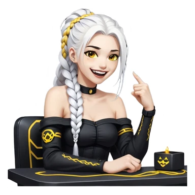 ghibli style, she is laughing outrageously and pounding her fist on the table, a closeup portrait of young woman with gold yellow eyes, white hair, long braid, black off-shoulder top, punk gothic style, futuristic cyberwave cyberpunk, sitting position
 sticker