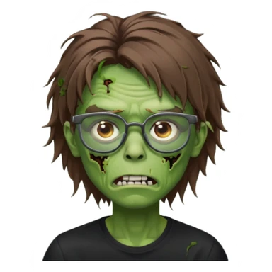 Green zombie, brown messy hair covering the forehead, black glasses, black shirt. iOS style. sticker