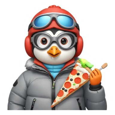 penguin in puffy coat, eating pizza, ski goggles resting on head sticker