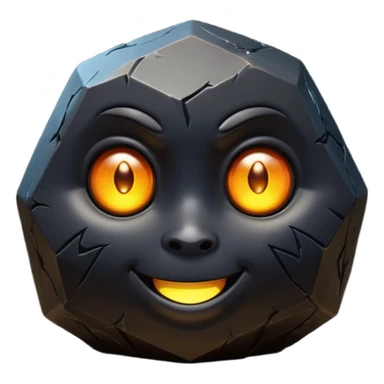 Single black obsidian rock character, thick and heavy with sharp facets and subtle reflections, carved cute face with glowing round eyes and a small smile, 3D render, high detail, soft backlighting, isolated on a plain dark background. sticker