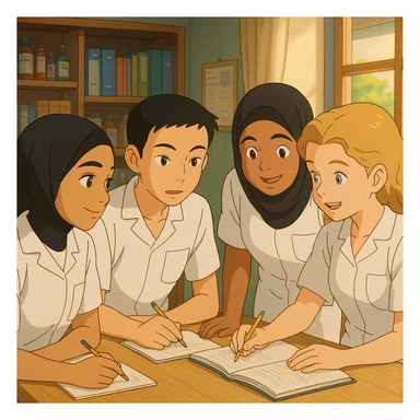 Ghibli style interior scene with four nursing students working together. They wear white short-sleeve uniforms with V-neck medical tunics and a left chest pocket, no stethoscopes or clothes under the tunic. Warm and professional atmosphere with visible interaction and a different composition. sticker