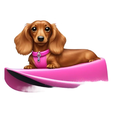 Long haired miniature dachshund red colour with pink collar on waterskis sticker