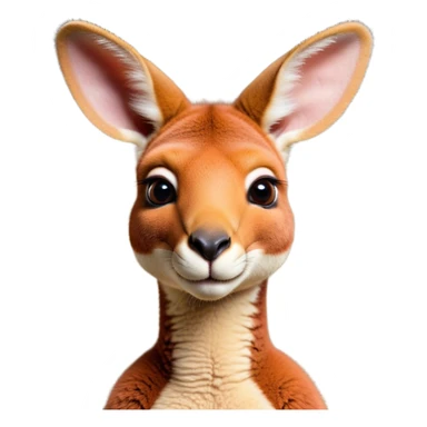 Cinematic Cute Adult Red Kangaroo Portrait Emoji, Head tilted playfully and inquisitively, showcasing a charming, robust build with soft reddish fur and a uniquely red kangaroo-like head featuring a gentle, elongated snout and rounded ears, with large, sparkling eyes full of wonder, Simplified yet irresistibly adorable features, highly detailed, glowing with a warm, friendly glow, high shine, affectionate and lively, stylized with a touch of outback whimsy, soft glowing outline, capturing the essence of a mischievous yet loving kangaroo that seems as if it could hop out of the screen into your arms! sticker