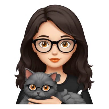 girl with dark brown hair, medium length to her chest, slightly wavy, the girl has black glasses and black eyes, she’s holding a grey fluffy cat with bright orange eyes  sticker