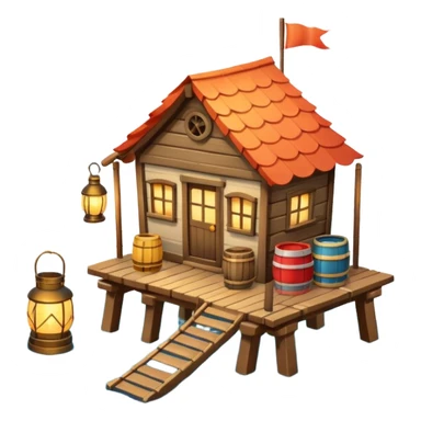 
fisherman house on a wooden pier, small dock, fishing nets hanging, barrels, lantern, ocean vibe, 3D cartoon, cute mobile game icon, clean background, no text
 sticker