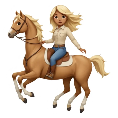 Brown girl with very long blonde/gold hair that’s blowing in the wind wearing a cream colored collared long sleeve shirt and jeans with brown boots on top of a brown horse with 4 legs sticker