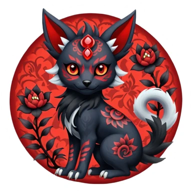 Asian-painted tattooed oriental Floral gothic edgy emo cool and ruby-jewelry-adorned Absol-Litten-Zorua-Houndour-fusion-Fakemon-animal-creature  sticker