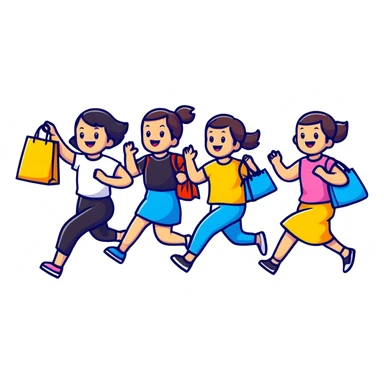 shoppers running with the salesgirl, bright colors and playful expressions sticker
