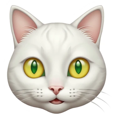 Realizar emoticonon de gato blanco con tonos gris claro solo carita sonriendo muy feliz ojos grandes de color verde con amarillos sus hijos  y bigotes largos  sticker
