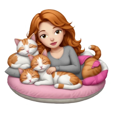 girl with long wavy brown hair, long lashes makeup, sexy pink lips, light to medium complexion,  sleeping on a cozy pillow, with 6 cats: 1 ginger/white, 1 grey with white paws, 1 calico, 2 grey and white and one tabby and white sticker