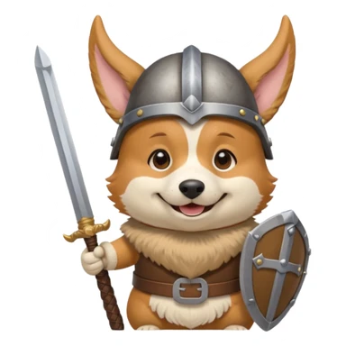 corgi with viking helmet and sword behind sticker