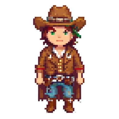 Wild West cowboy, detailed pixel art, vibrant colors, frontier town background sticker
