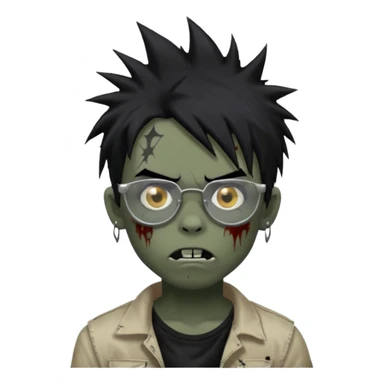 Boy, zombie, black hair, medium long, spiky hair, emo, shaggy, dark, spooky, creepy expression emoji, add transparent glasses, a risk on the eyebrow, some tattos sticker