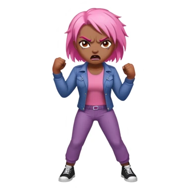 full body angry feminist with half bald head and half pink hair, extremely angry facial expression, fists clenched, aggressive stance sticker