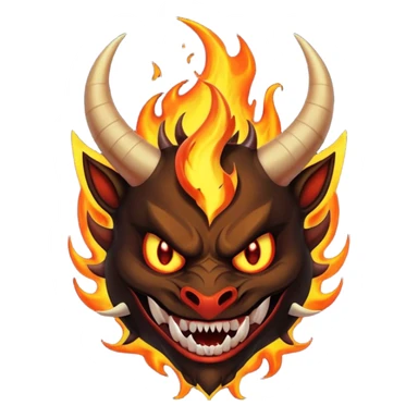 Create a dark-themed emoji of a demonic face with sharp, curved horns, glowing white eyes, an evil grin with large pointed fangs, and abstract flame-like patterns around the face.  sticker