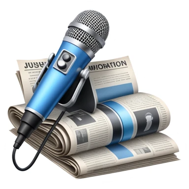 An icon featuring a microphone, a newspaper, a reporter’s camera, and soundwaves, representing journalism and mass media. The design includes headlines and imagery, symbolizing the spread of news and information. Transparent background highlights the power of communication and media. sticker