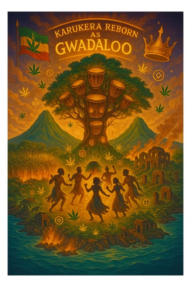 Create a powerful, surreal vision of the Caribbean island Guadeloupe, reimagined as ‘Guadeloupe' — its sacred, sovereign identity restored. The island is lush, tropical, and volcanic, with two green volcanoes glowing golden at the peaks. In the center stands a giant mystical Drum Tree, its branches bearing carved drums instead of fruit, glowing with rhythmic light. Ancestral spirits of African and indigenous lineage dance in a circle around the tree, surrounded by floating ganja leaves and sacred symbols. Sugarcane fields burn gently in the background, symbolizing the end of colonial suffering. Ruins of colonial buildings crumble into the earth, reclaimed by vines and jungle. Above the island, a glowing banner in the sky reads: ‘Karukera reborn as Gwadaloo.’ A ganja-leaf flag waves high in red, green, and gold, and a golden Creole crown floats in the sky above the island — not worn by any man, but held in rhythm. The ocean is turquoise, the light is divine, and the entire scene radiates spiritual victory, cultural remembrance, and cosmic rhythm. Use a warm, cinematic palette of golds, greens, blues, and purples. Style should feel epic, sacred, and symbolic — a rebirth of Caribbean power. sticker