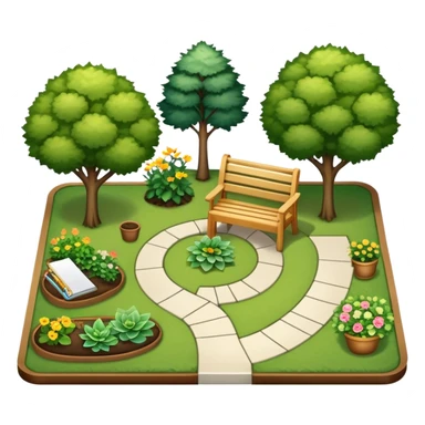 Icon for Landscape Design: a garden layout with trees, plants, pathways, and outdoor furniture, along with design tools like a ruler and sketchpad. The icon should represent the creativity and planning behind landscape design. Transparent background. sticker