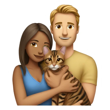 A man hugs a brown-haired skinny hot woman and a bengal cat sticker