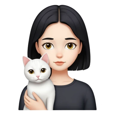 A girl with short black middle parted  hair parted in the middle, fair skin, and a white cat. sticker