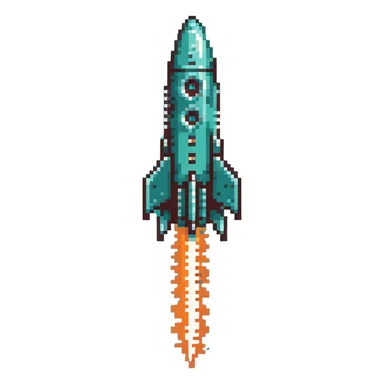 robotic teal spaceship launching to the right with rocket flames sticker