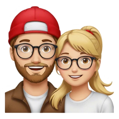 A girl with brown hair and glasses is in love with a blond guy in a red cap and a blond beard sticker