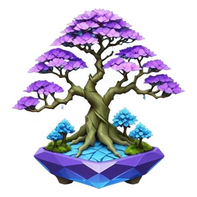 Futuristic wild glowing space alien moss maples Bonsai hair-fine-leaf group multi faceted intricate crystal inspired boxwood purple rose blue informal rocky cliffhanger eight trees forest planting in shallow origami slab style pot with big animal-like feet  sticker