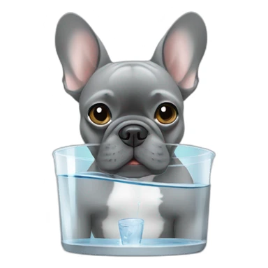 grey french bulldog drinking water with a glass sticker