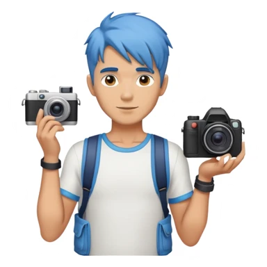 blue hair full body handsome man with camera and beach outfit  standing sticker
