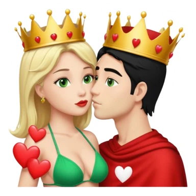 Blonde Queen with crown Green eyes Bikini whole body Kissing man black Hair Hearts  sticker