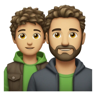 Handsome Father 40s green eyes with short full beard with Son 13s tousled bedhead look both has brunette hair light skin arms on shoulder portrait sticker