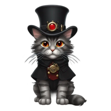 a dark grey tabby maine coon with red eyes wearing a black steampunk hat and a grey hunter cloak sticker