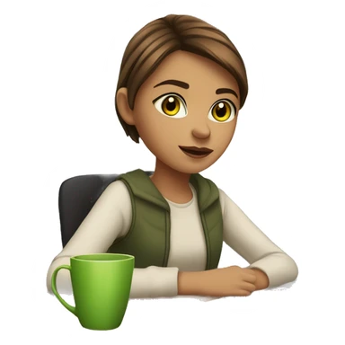 A young girl with straight brown short hair and brown-green eyes is sitting at a desk with a laptop, books are lying next to it and there is a cup of tea sticker