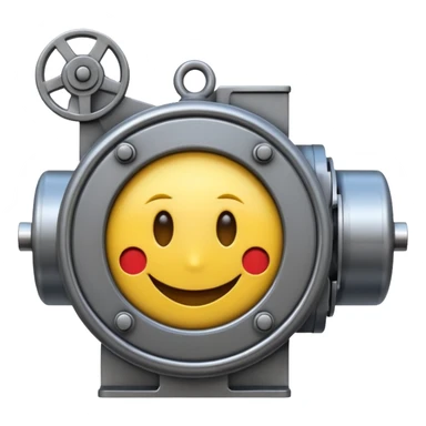 Industrial mechanical motor with a smiley face, emoji for the new electric music genre Motor breaks must be friendly and sellable must be small but clear child friendly, ready to use as a logo sticker