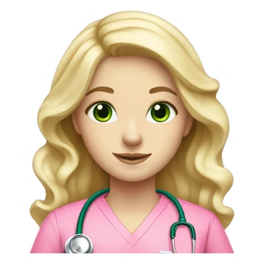 pale blonde girl with long wavy hair and green eyes wearing pink scrubs and stethoscope  sticker