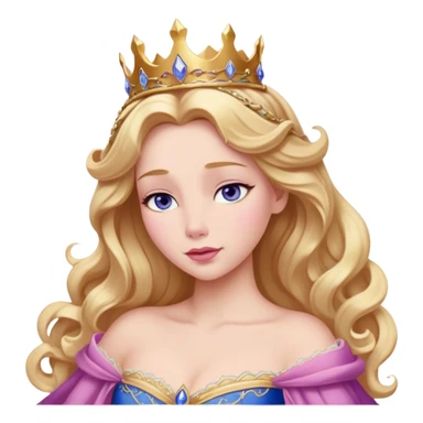 Cinematic Realistic Sleeping Beauty (Aurora) Portrait, with porcelain-like skin featuring a natural rosy flush, illuminated by soft lighting that highlights the gentle contours of her face. Her golden blonde hair flows in soft, detailed waves with subtle highlights that shimmer in the light. Her deep violet-blue eyes radiate warmth and innocence, framed by arched brows and long lashes. Her serene expression exudes quiet elegance. She is dressed in her classic pink gown, the fabric rich in texture with delicate folds that catch the light. A golden crown rests atop her head, gleaming with royal refinement. The portrait captures a soft, glowing aura, blending realism with an ethereal sense of beauty and timeless enchantment. sticker