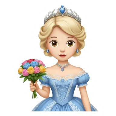 An emoji portrait of a Victorian princess. She is wearing an elaborate crinoline ball gown with intricate lace trim and ribbons. She wears a tiara on her head, and her expression is poised and proper. She is holding a small bouquet of flowers. sticker