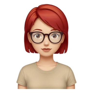 girl short-layer-red-hair wear beige T-shirt, wear dark red glasses sticker