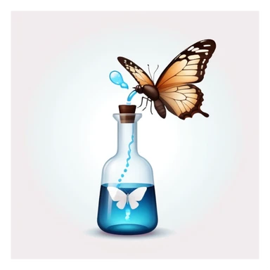 Small dark brown bottle with white cap floating next to a bright translucent butterfly-shaped thyroid icon, representing connection with metabolism and hormonal system sticker
