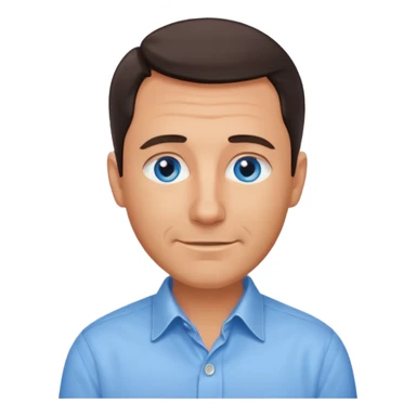Middle aged man with tanned skin, receding dark hair and no beard, blue eyes, shy smile sticker