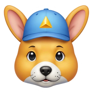 A Peach dog head with ears and black line as easy a normal black smiley face Body Blue triangle with a yellow cracked egg chape logo on ite and on the dogs head there's a blue square cap with the Same yellow cracked egg logo in the middle  sticker
