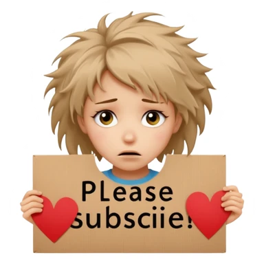 Sad realistic emoji of a young woman with messy hair, holding a cardboard sign that says "PLEASE SUBSCRIBE", emotional begging expression, cinematic lighting, shallow depth of field, soft blurred background, high detail, viral social media style sticker