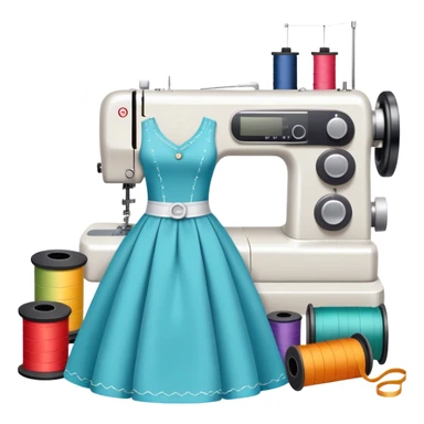 Sewing icon, measuring tape, pins, scissors, and a dress in progress, sewing machine with thread, visible needle, spools of thread, fabric pieces cut according to patterns, minimalistic style, clean lines, transparent background. sticker