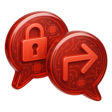 Create a Slack emoji icon in the glossy circuit style as the reference image. Show two bold chat bubbles, one with a padlock and the other with a small external arrow, visually indicating a conversation blocked due to an external party. Use bold lines and clear shapes with a glossy red chat bubble base, ensuring clarity and readability at small size. sticker